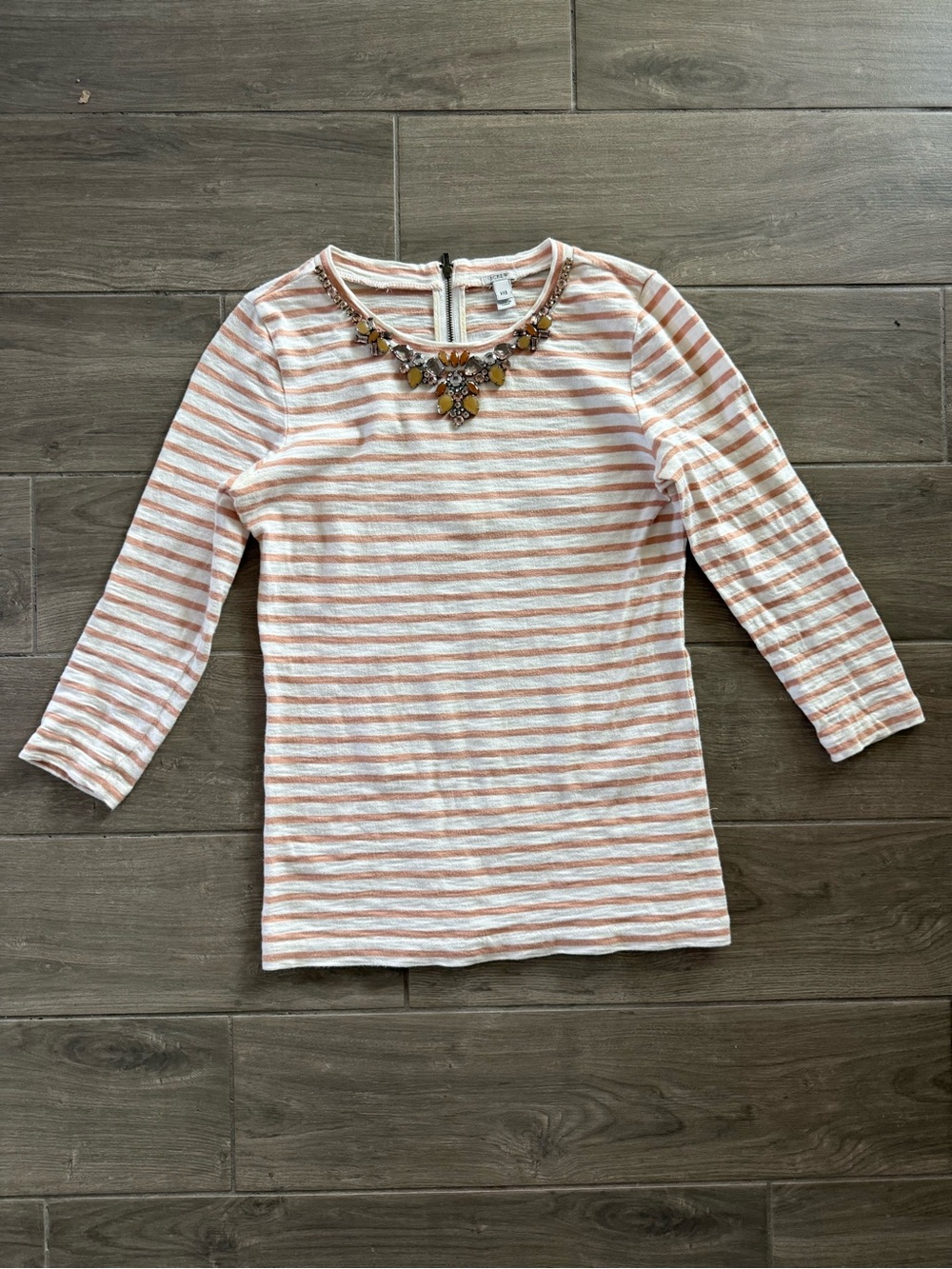 J. Crew Striped Long-Sleeve Tee with Embellished Neckline